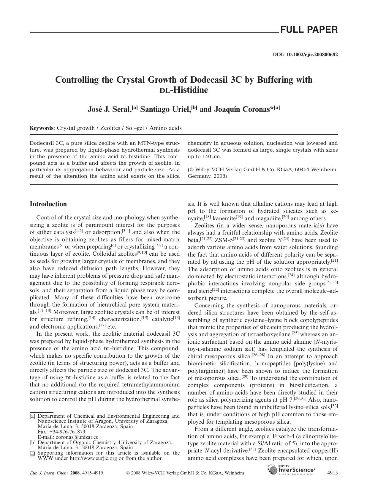 Controlling the Crystal Growth of Dodecasil 3C by Buffering with DL-Histidine by Unknown