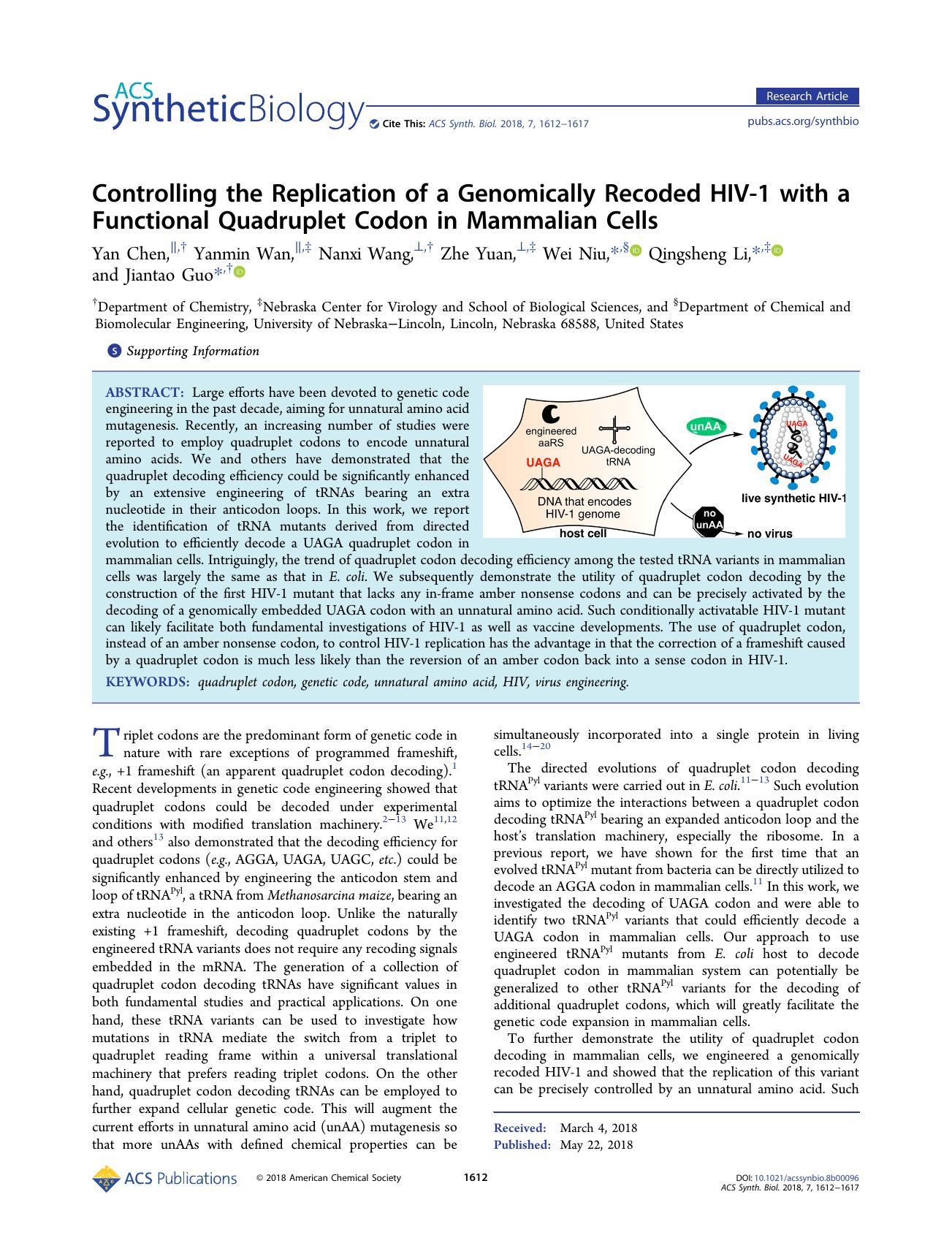 Controlling the Replication of a Genomically Recoded HIV-1 with a Functional Quadruplet Codon in Mammalian Cells by Yan Chen Yanmin Wan Nanxi Wang Zhe Yuan Wei Niu Qingsheng Li and Jiantao Guo