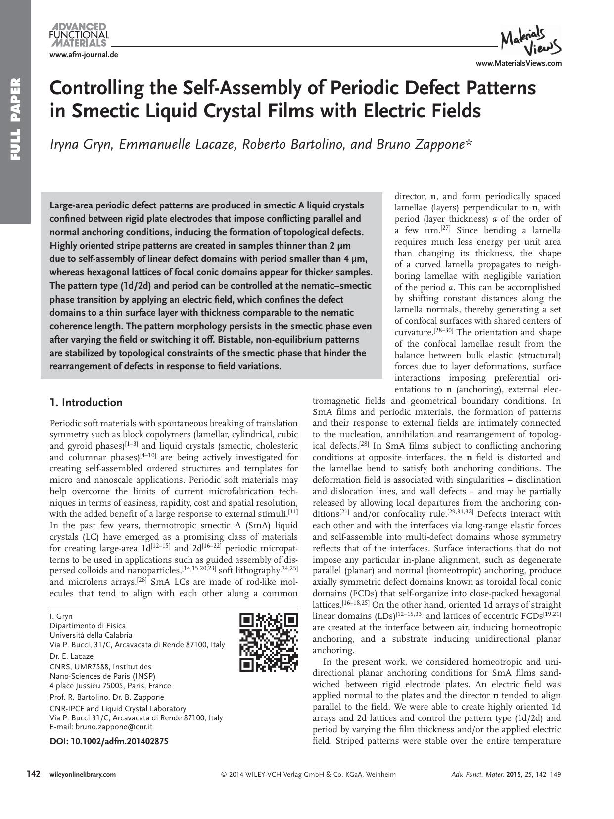 Controlling the Self‐Assembly of Periodic Defect Patterns in Smectic Liquid Crystal Films with Electric Fields by Unknown