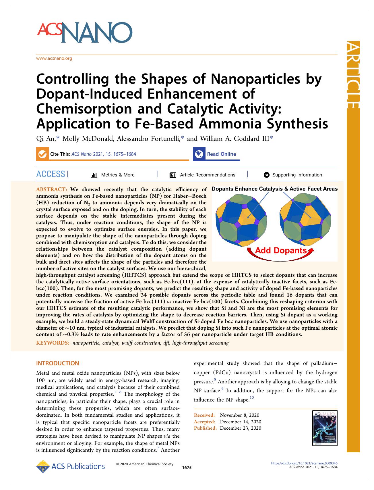 Controlling the Shapes of Nanoparticles by Dopant-Induced Enhancement of Chemisorption and Catalytic Activity: Application to Fe-Based Ammonia Synthesis by Qi An Molly McDonald Alessandro Fortunelli and William A. Goddard