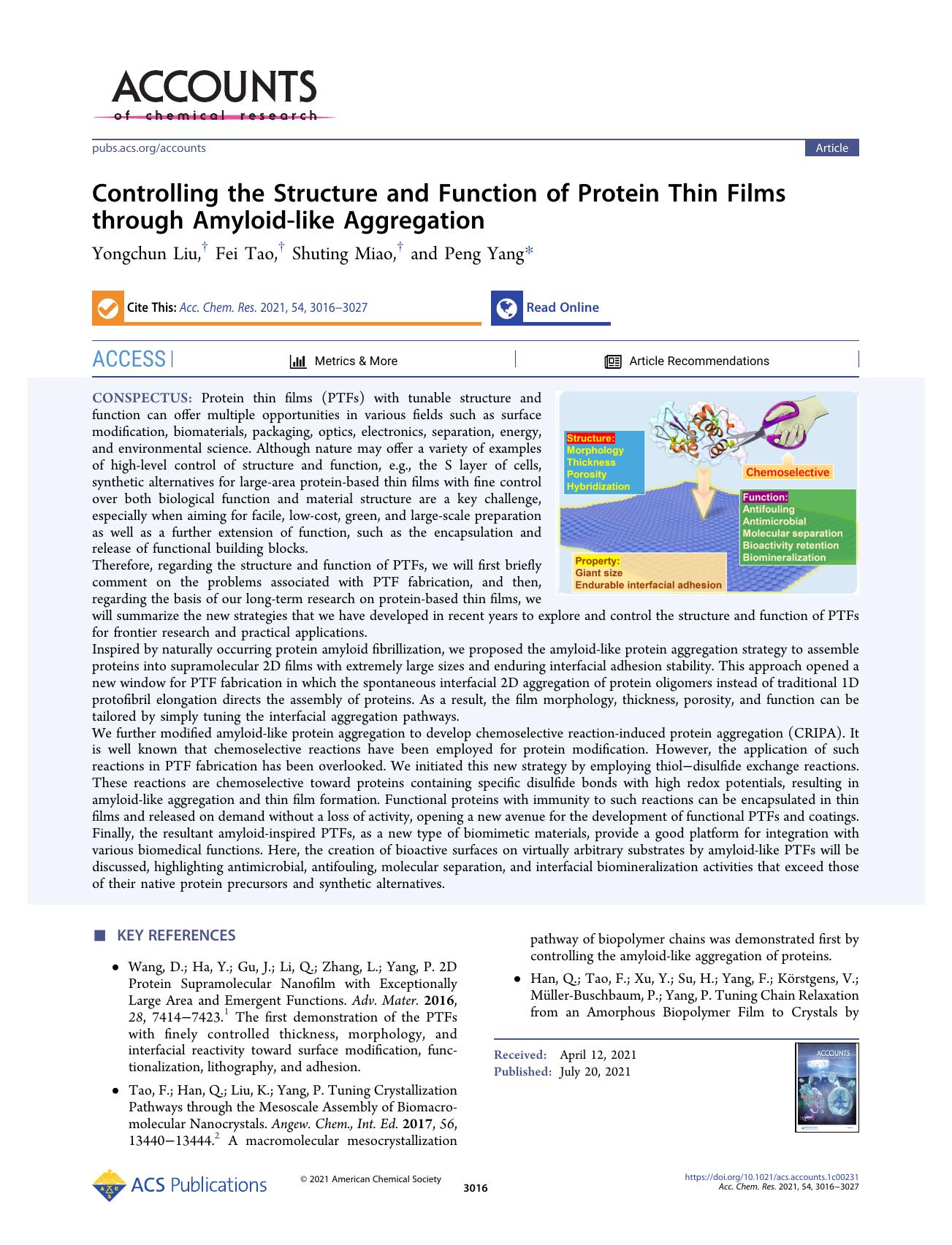 Controlling the Structure and Function of Protein Thin Films through Amyloid-like Aggregation by Yongchun Liu Fei Tao Shuting Miao and Peng Yang