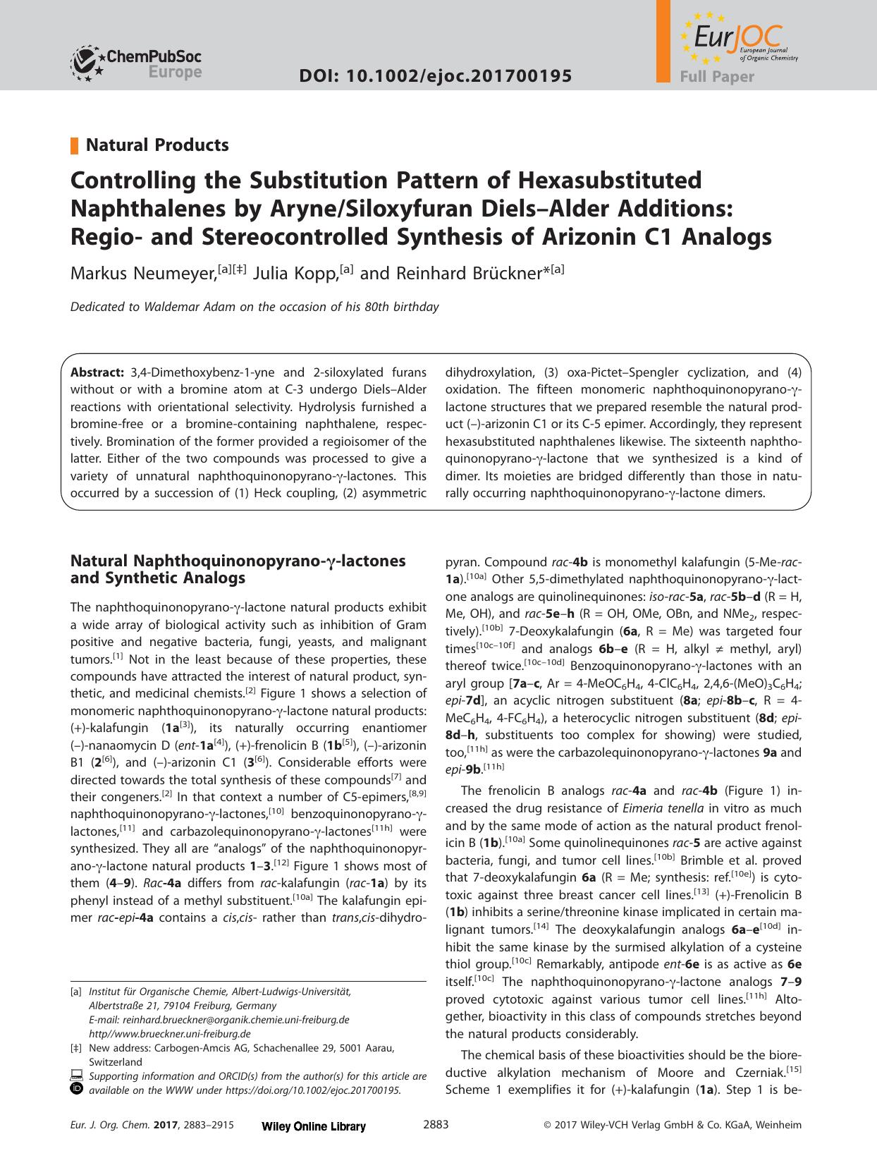 Controlling the Substitution Pattern of Hexasubstituted Naphthalenes by AryneSiloxyfuran Diels–Alder Additions: Regio‐ and Stereocontrolled Synthesis of Arizonin C1 Analogs by Unknown