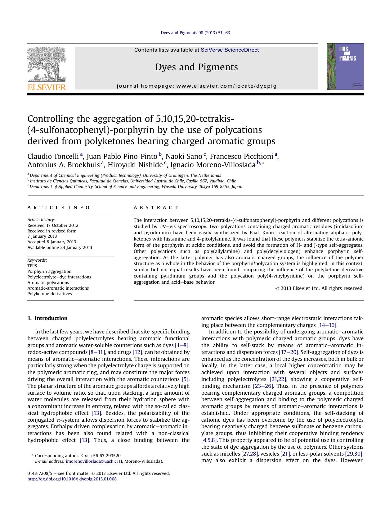 Controlling the aggregation of 5,10,15,20-tetrakis-(4-sulfonatophenyl)-porphyrin by the use of polycations derived from polyketones bearing charged aromatic groups by unknow