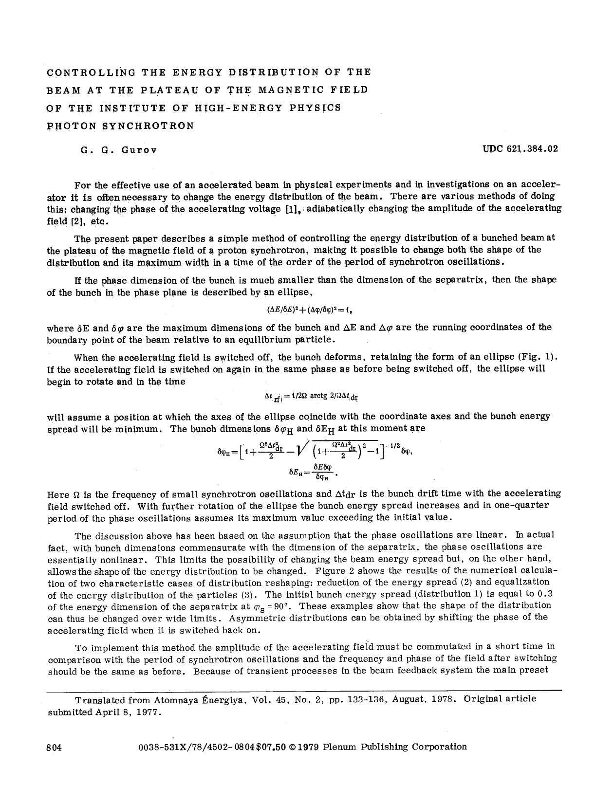 Controlling the energy distribution of the beam at the plateau of the magnetic field of the institute of high-energy physics photon synchrotron by Unknown