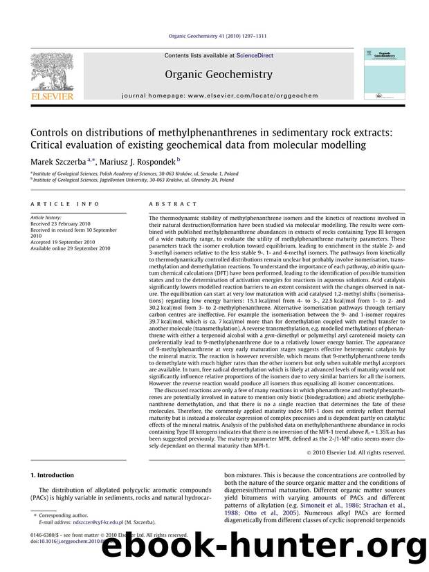 Controls on distributions of methylphenanthrenes in sedimentary rock extracts: Critical evaluation of existing geochemical data from molecular modelling by Marek Szczerba & Mariusz J. Rospondek