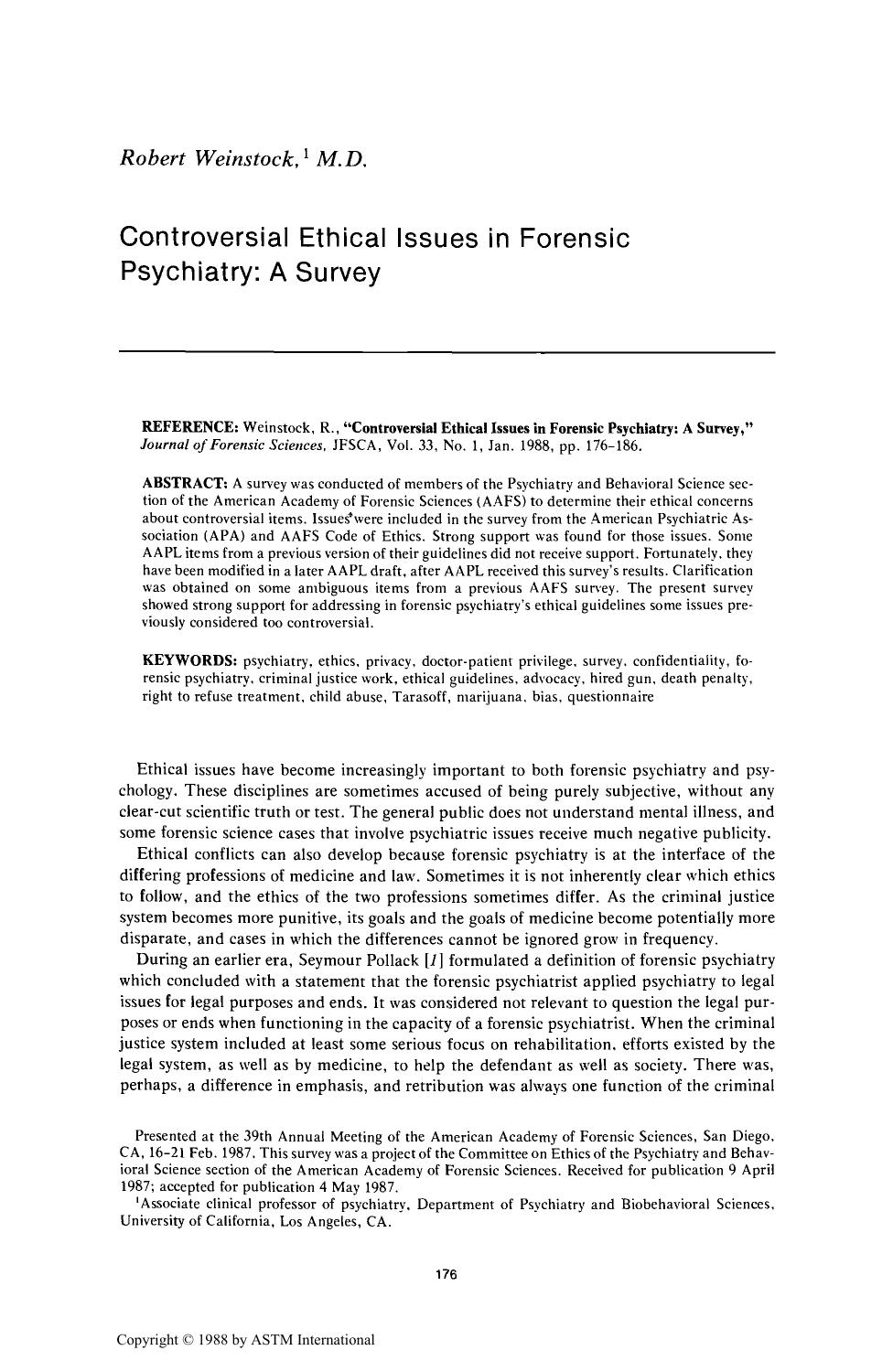 Controversial Ethical Issues in Forensic Psychiatry: A Survey by Weinstock R