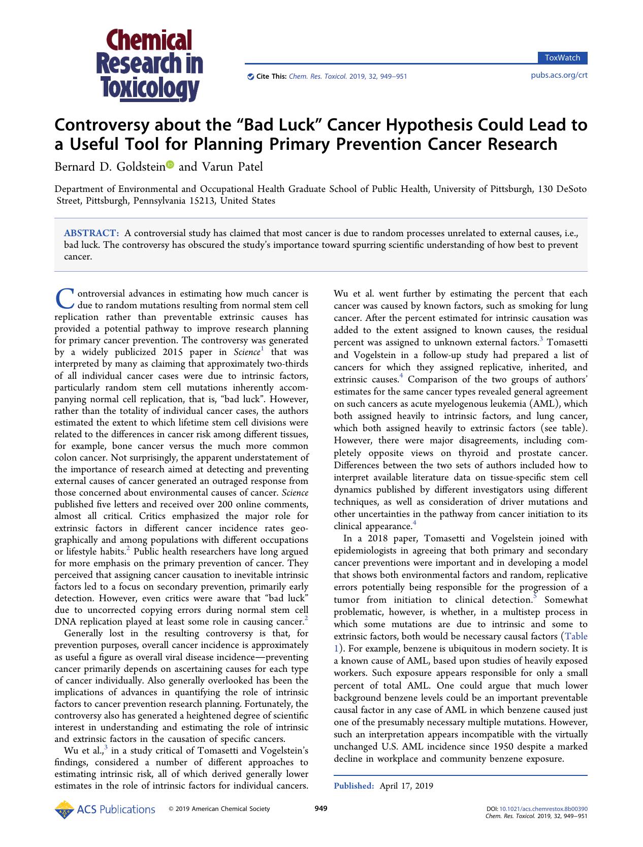 Controversy about the âBad Luckâ Cancer Hypothesis Could Lead to a Useful Tool for Planning Primary Prevention Cancer Research by Bernard D. Goldstein and Varun Patel