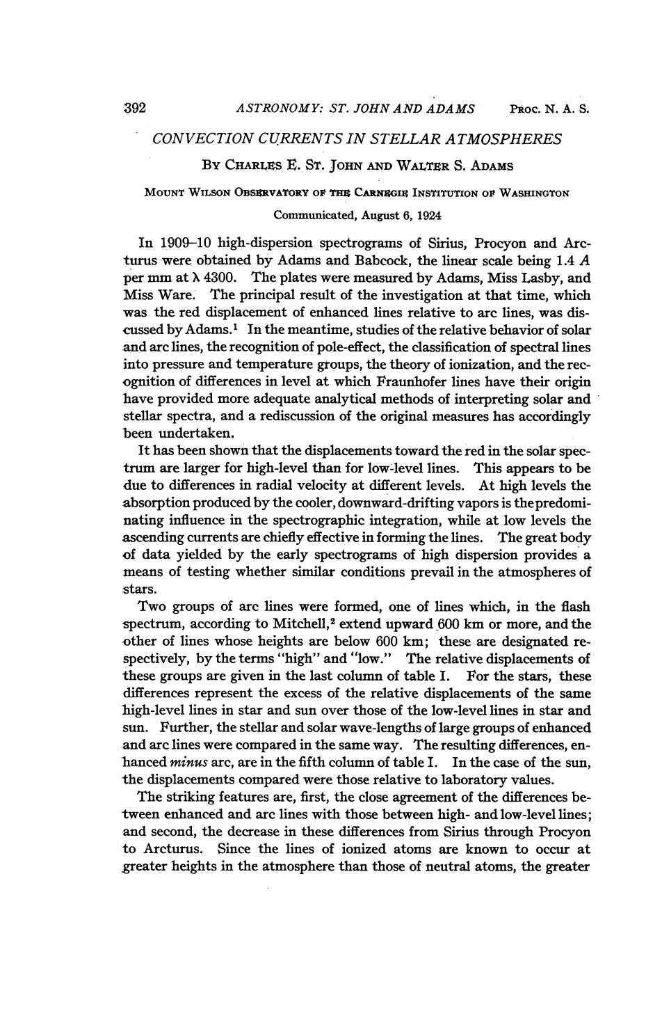 Convection Currents in Stellar Atmospheres by St. John C.E. Adams W.L