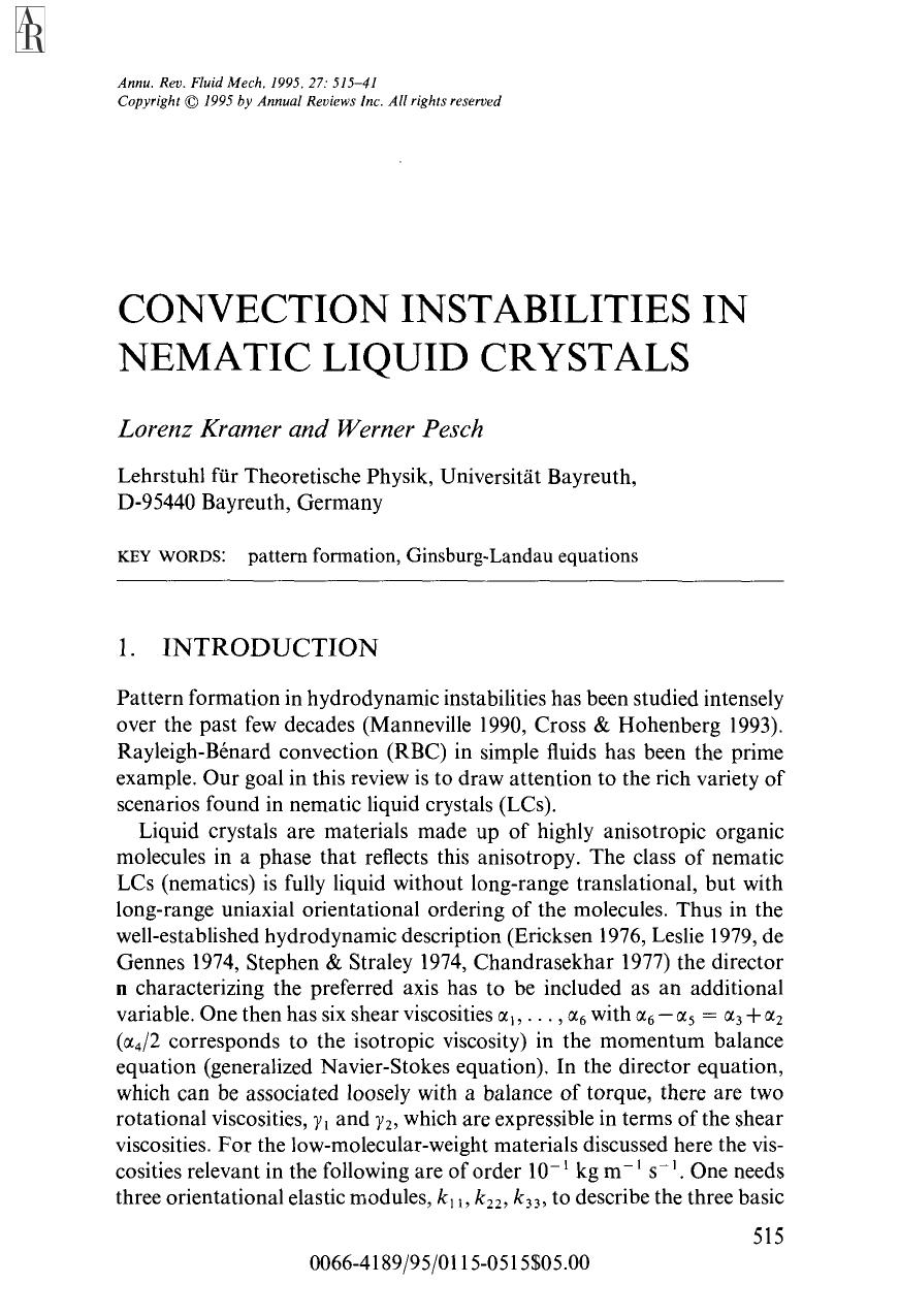 Convection Instabilities in Nematic Liquid Crystals by L Kramer and W Pesch