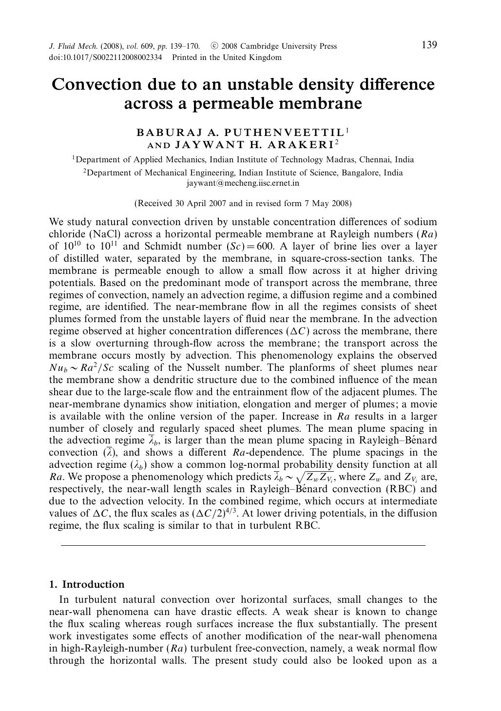 Convection due to an unstable density difference across a permeable membrane by BABURAJ A. PUTHENVEETTIL & JAYWANT H. ARAKERI