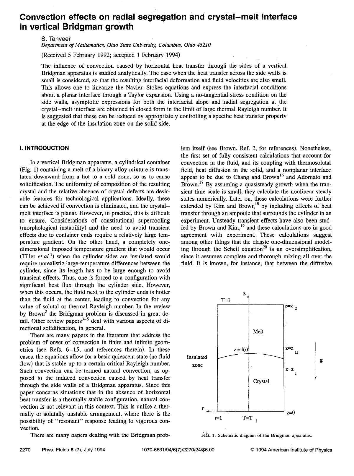 Convection effects on radial segregation and crystal--melt interface in vertical Bridgman growth by S. Tanveer