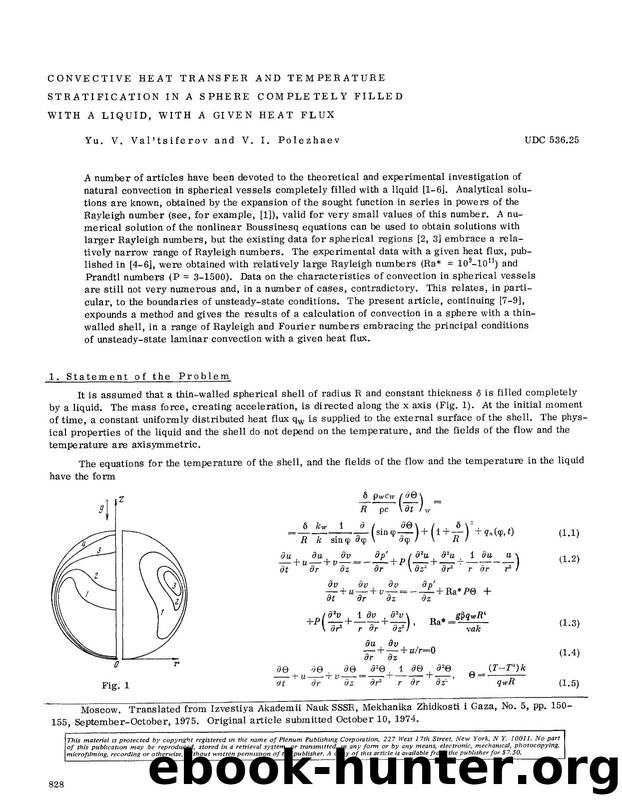 Convective heat transfer and temperature stratification in a sphere completely filled with a liquid, with a given heat flux by Unknown