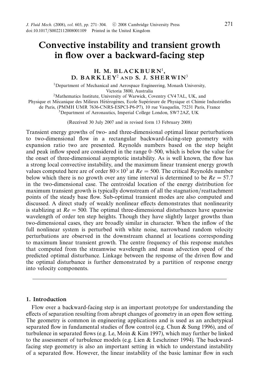 Convective instability and transient growth in flow over a backward-facing step by H. M. BLACKBURN D. BARKLEY & S. J. SHERWIN