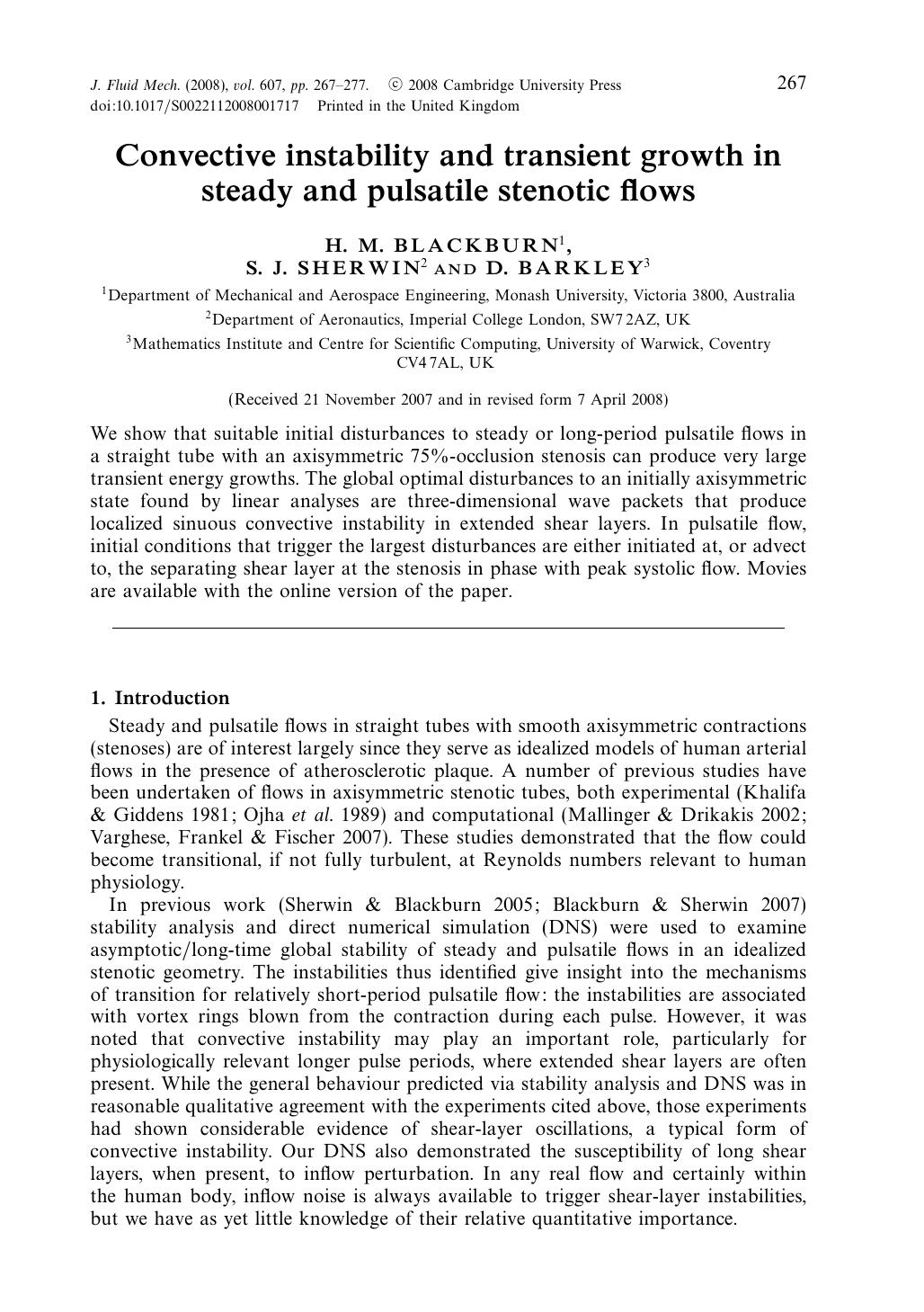 Convective instability and transient growth in steady and pulsatile by H. M. BLACKBURN S. J. SHERWIN & D. BARKLEY