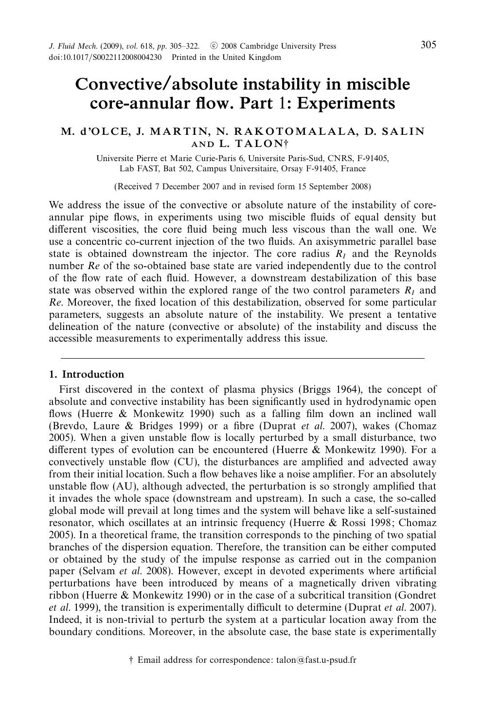 Convectiveabsolute instability in miscible core-annular flow. Part 1: Experiments by M. d'OLCE J. MARTIN N. RAKOTOMALALA D. SALIN L. TALON