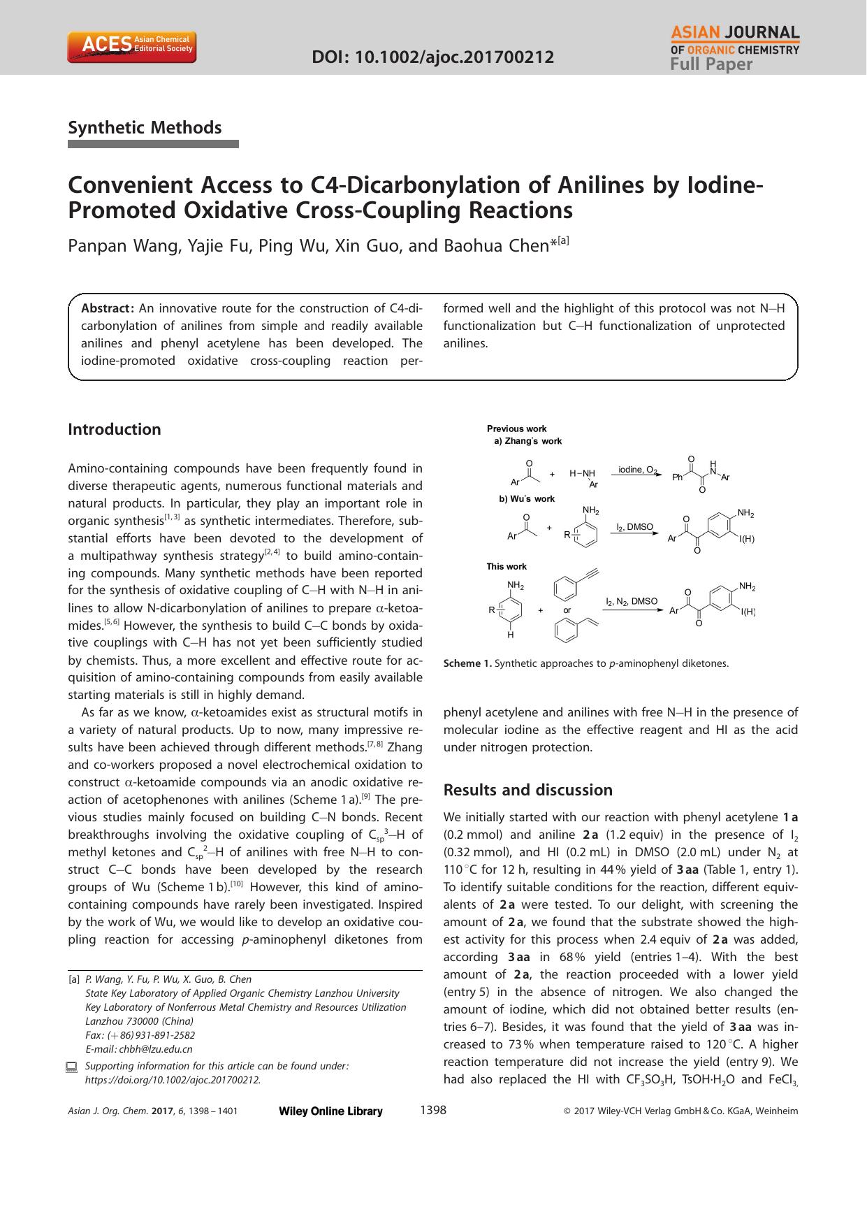 Convenient Access to C4âDicarbonylation of Anilines by IodineâPromoted Oxidative CrossâCoupling Reactions by Unknown