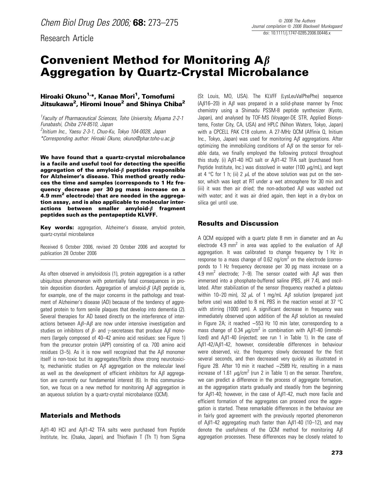 Convenient Method for Monitoring AÎ² Aggregation by Quartz-Crystal Microbalance by Unknown