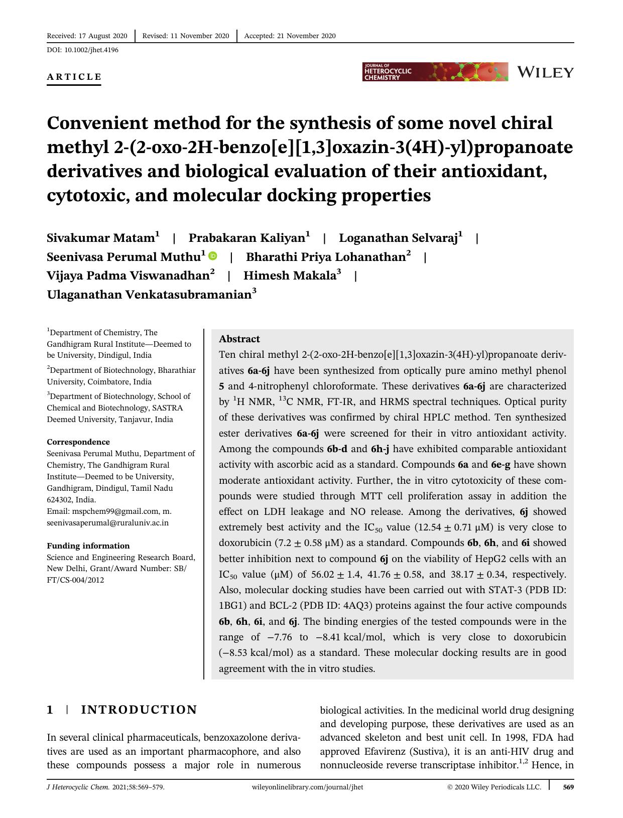 Convenient Method for the Synthesis of Some Novel Chiral Methyl 2-(2-oxo-2H-benzo[e][1,3]oxazin-3(4H)-yl)propanoate Derivatives and Biological Evaluation of their Antioxidant, Cyto by Unknown