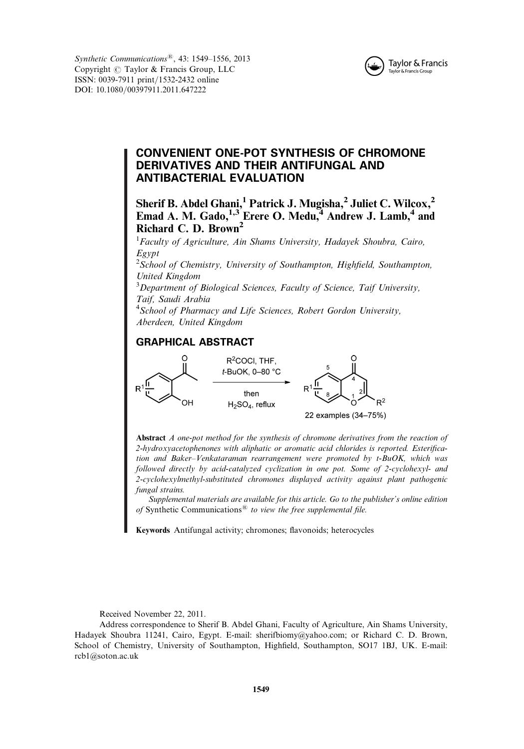 Convenient One-Pot Synthesis of Chromone Derivatives and Their Antifungal and Antibacterial Evaluation by unknow