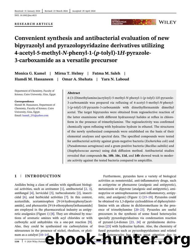 Convenient Synthesis and Antibacterial Evaluation of New Bipyrazolyl and Pyrazolopyridazine Derivatives Utilizing 4âAcetylâ5âmethylâNâphenylâ1â(pâtolyl)â1Hâpyra by Unknown