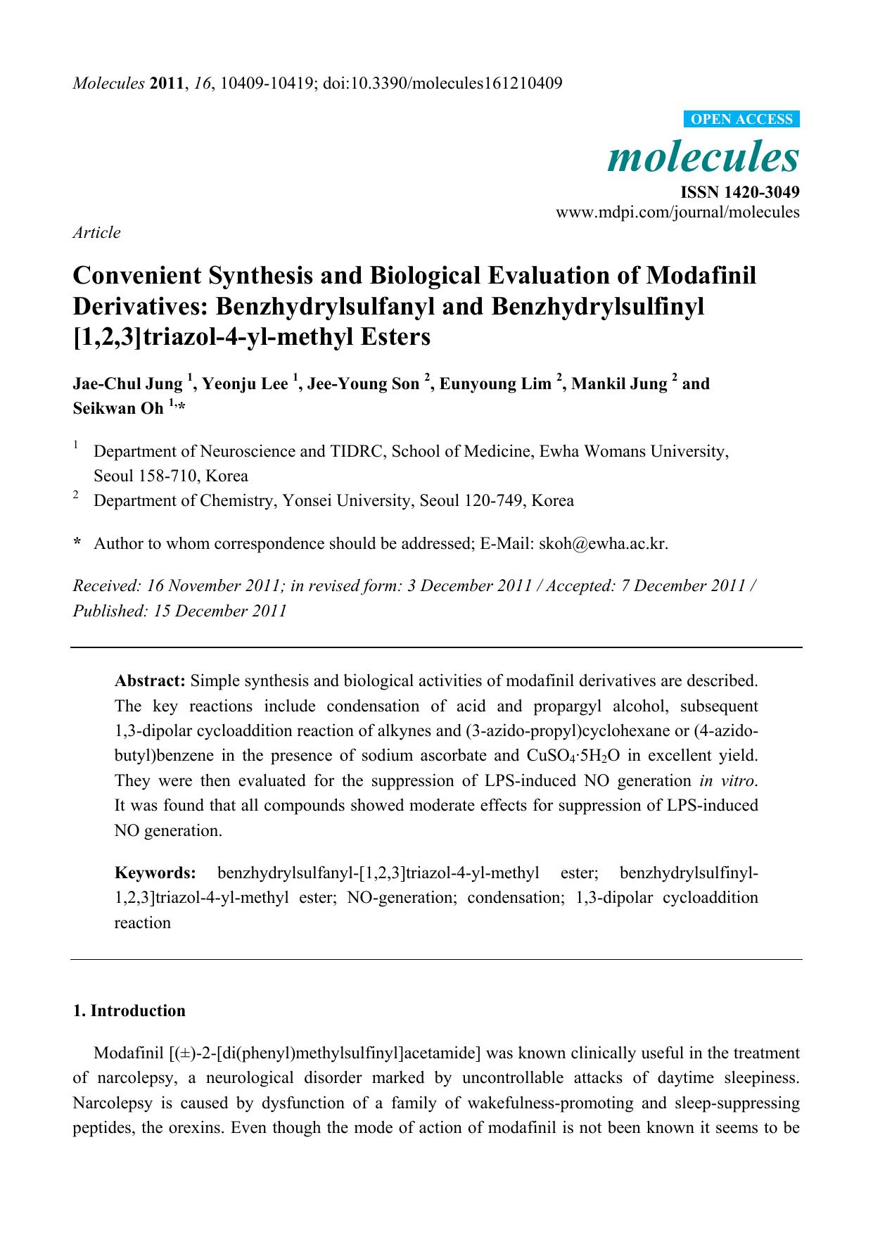 Convenient Synthesis and Biological Evaluation of Modafinil Derivatives: Benzhydrylsulfanyl and Benzhydrylsulfinyl [1,2,3]triazol-4-yl-methyl Esters by Jae-Chul Jung & Yeonju Lee & Jee-Young Son & Eunyoung Lim & Mankil Jung and Seikwan Oh