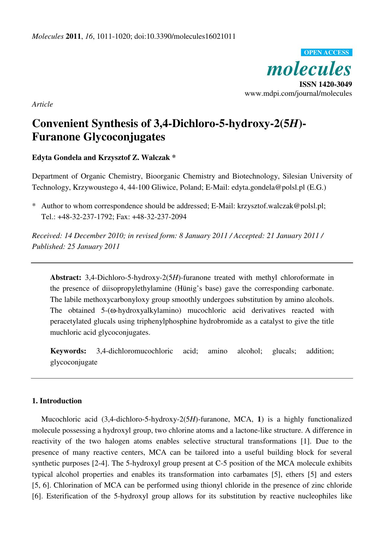Convenient Synthesis of 3,4-Dichloro-5-hydroxy-2(5H)-Furanone Glycoconjugates by Edyta Gondela and Krzysztof Z. Walczak *
