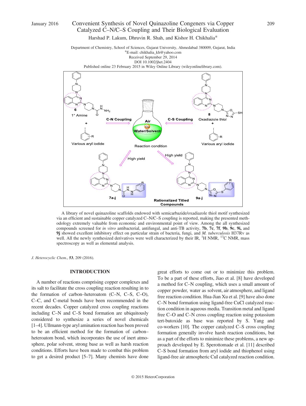 Convenient Synthesis of Novel Quinazoline Congeners via Copper Catalyzed CâNCâS Coupling and Their Biological Evaluation by Harshad P. Lakum Dhruvin R. Shah Kishor H. Chikhalia