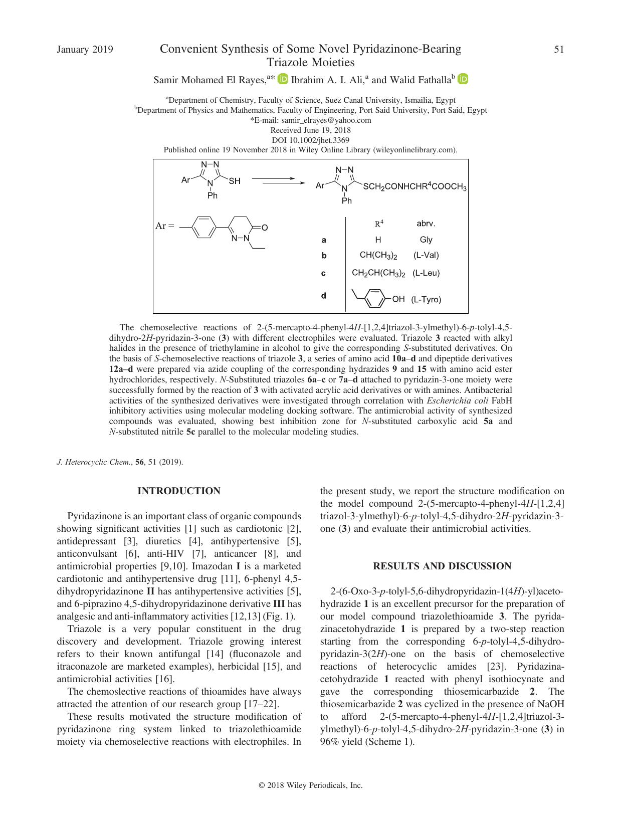Convenient Synthesis of Some Novel Pyridazinone-Bearing Triazole Moieties by Samir Mohamed El Rayes Ibrahim A. I. Ali Walid Fathalla