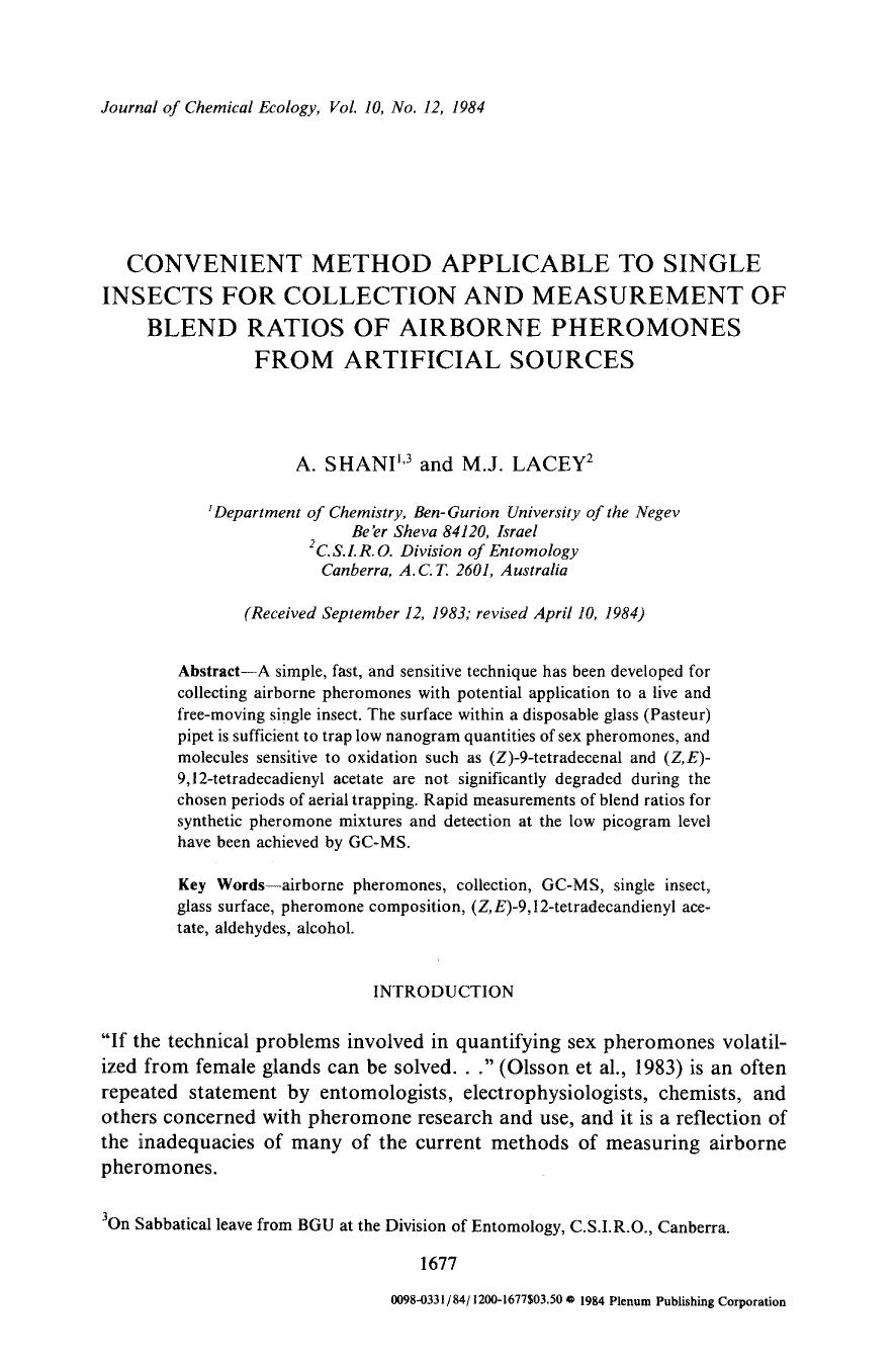 Convenient method applicable to single insects for collection and measurement of blend ratios of airborne pheromones from artificial sources by Unknown