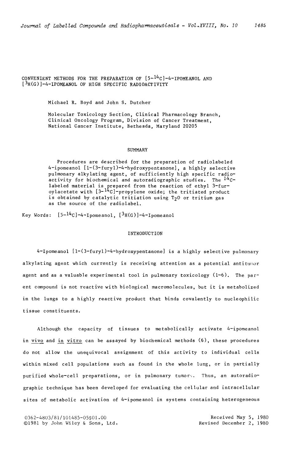 Convenient methods for the preparation of [5-14C]-4-ipomeanol and [3H(G)]-4-ipomeanol of high specific radioactivity by Unknown