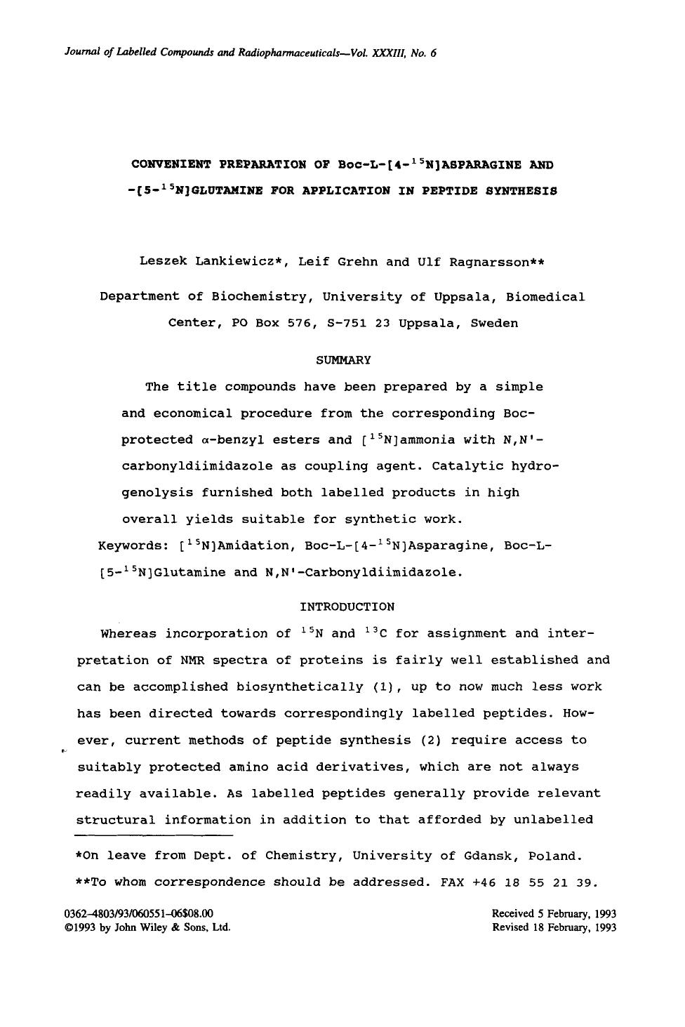 Convenient preparation of Boc-L-[4-15N]asparagine and -[5-15N]glutamine for application in peptide synthesis by Unknown