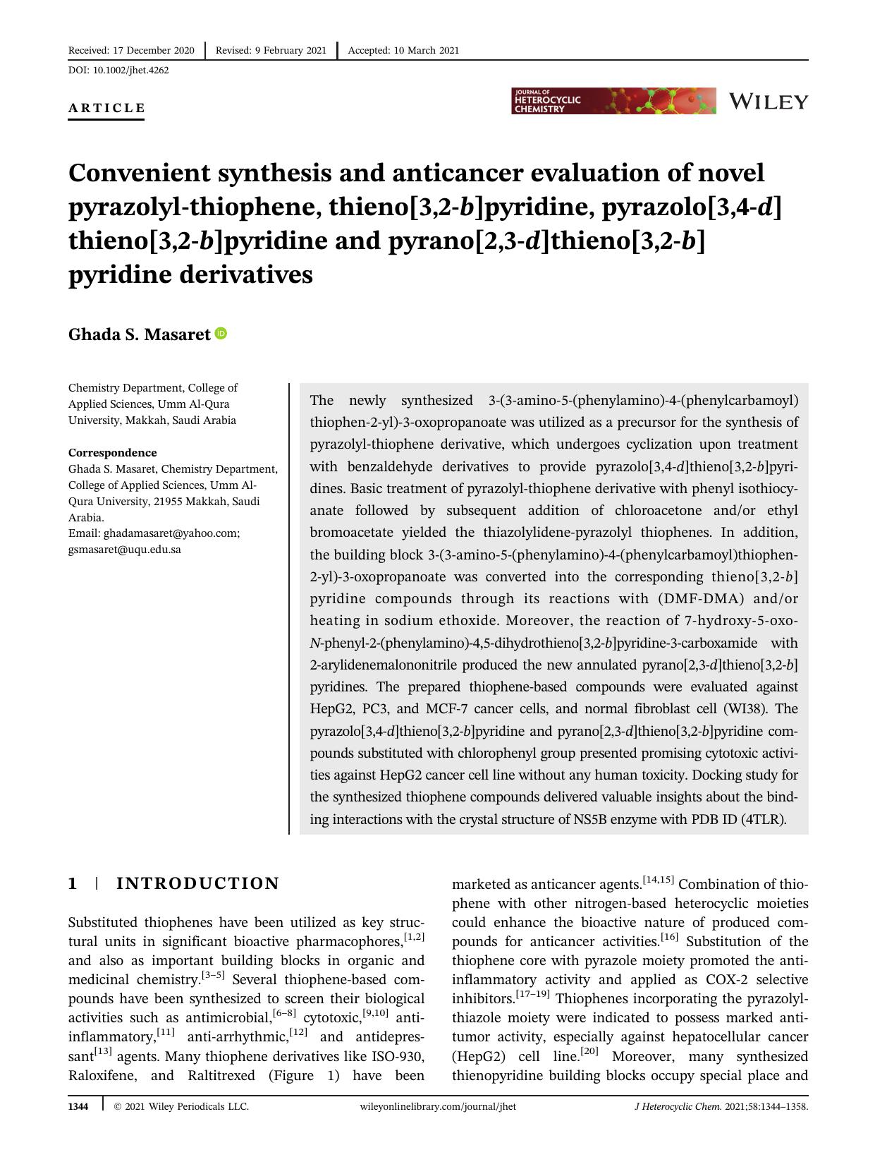 Convenient synthesis and anticancer evaluation of novel pyrazolyl-thiophene, thieno[3,2-b]pyridine, pyrazolo[3,4-d]thieno[3,2-b]pyridine and pyrano[2,3-d]thieno[3,2-b]pyridine derivatives by Unknown