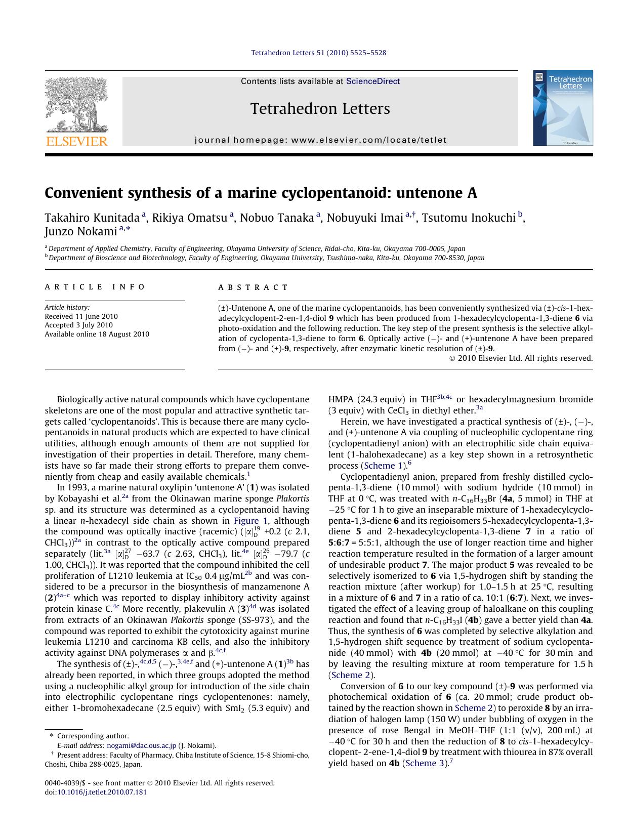 Convenient synthesis of a marine cyclopentanoid: untenone A by Takahiro Kunitada & Rikiya Omatsu & Nobuo Tanaka & Nobuyuki Imai & Tsutomu Inokuchi & Junzo Nokami