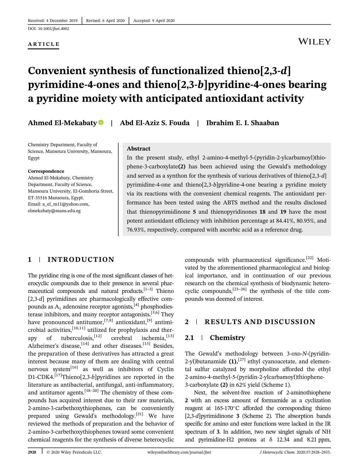 Convenient synthesis of functionalized thieno[2,3-d]pyrimidine-4-ones and thieno[2,3-b]pyridine-4-ones bearing a pyridine moiety with anticipated antioxidant activity by Unknown