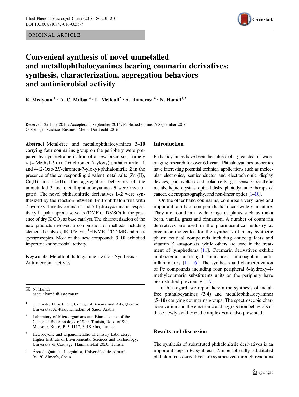 Convenient synthesis of novel unmetalled and metallophthalocyanines bearing coumarin derivatives: synthesis, characterization, aggregation behaviors and antimicrobial activity by R. Medyouni & A. C. Mtibaa & L. Mellouli & A. Romerosa & N. Hamdi