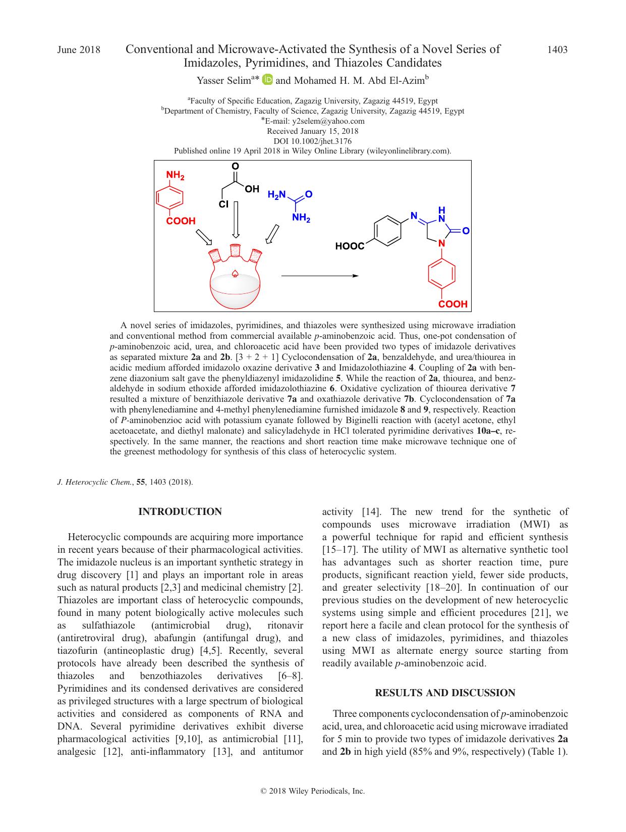 Conventional and Microwave-Activated the Synthesis of a Novel Series of Imidazoles, Pyrimidines, and Thiazoles Candidates by Yasser Selim & Mohamed H. M. Abd El-Azim