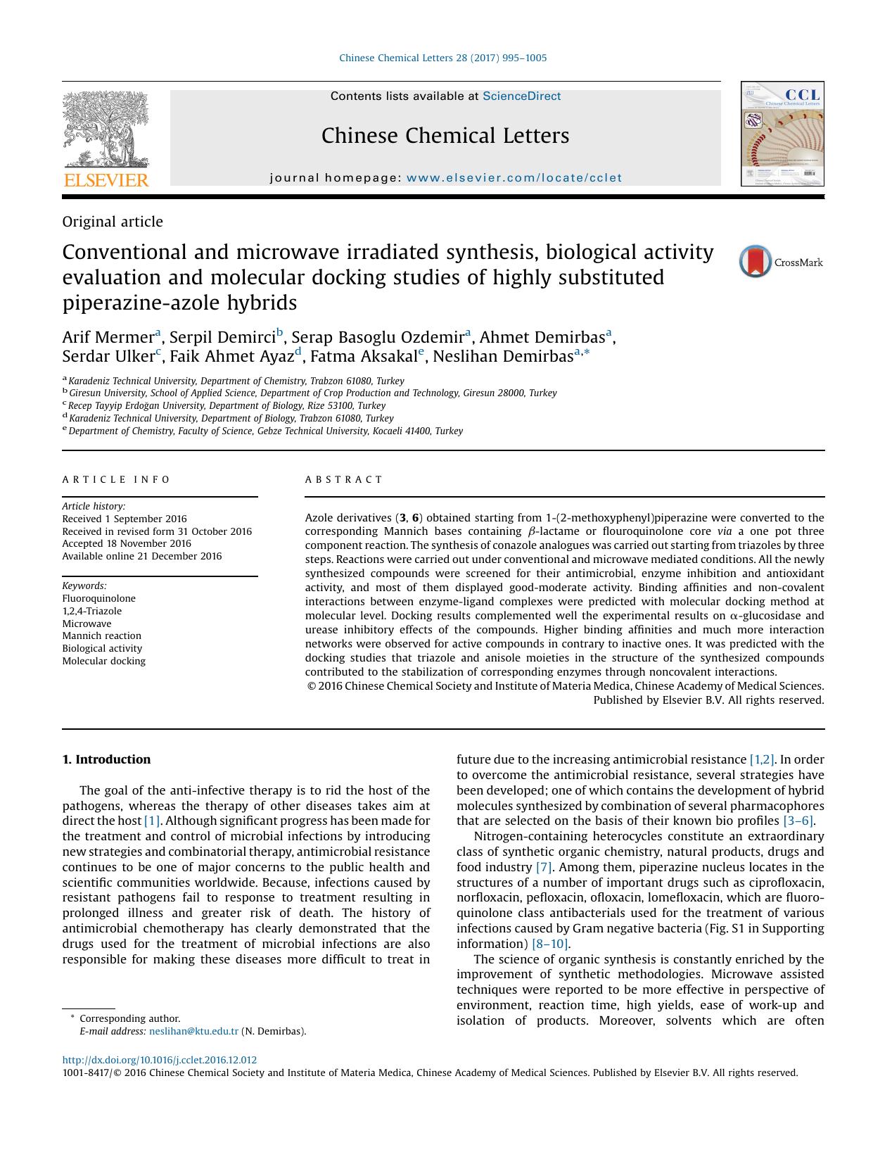 Conventional and microwave irradiated synthesis, biological activity evaluation and molecular docking studies of highly substituted piperazine-azole hybrids by unknow