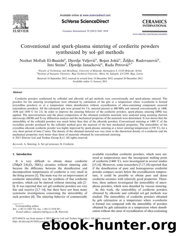 Conventional and spark-plasma sintering of cordierite powders synthesized by solâgel methods by unknow