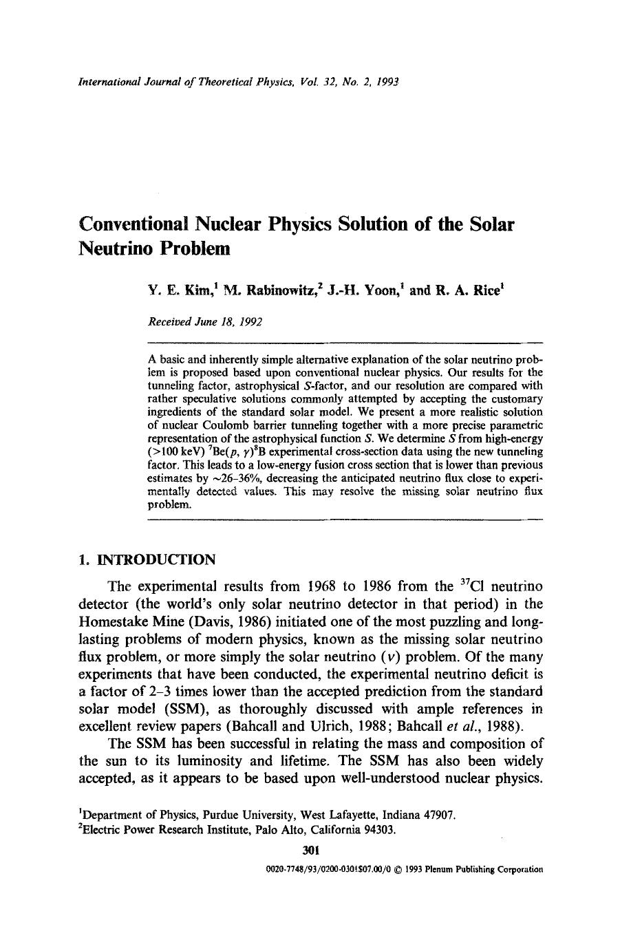 Conventional nuclear physics solution of the solar neutrino problem by Unknown