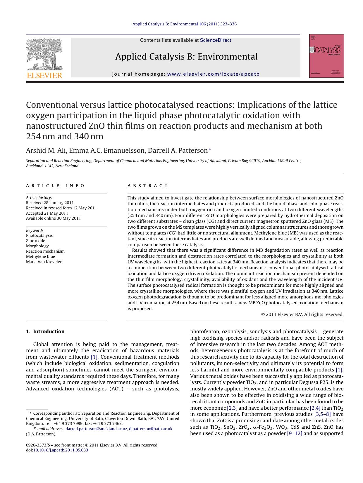 Conventional versus lattice photocatalysed reactions: Implications of the lattice oxygen participation in the liquid phase photocatalytic oxidation with nanostructured ZnO thin fil by Arshid M. Ali