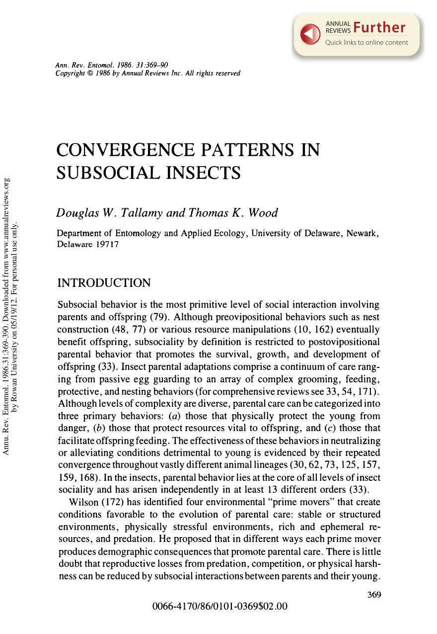 Convergence Patterns in Subsocial Insects by D W Tallamy & and T K Wood