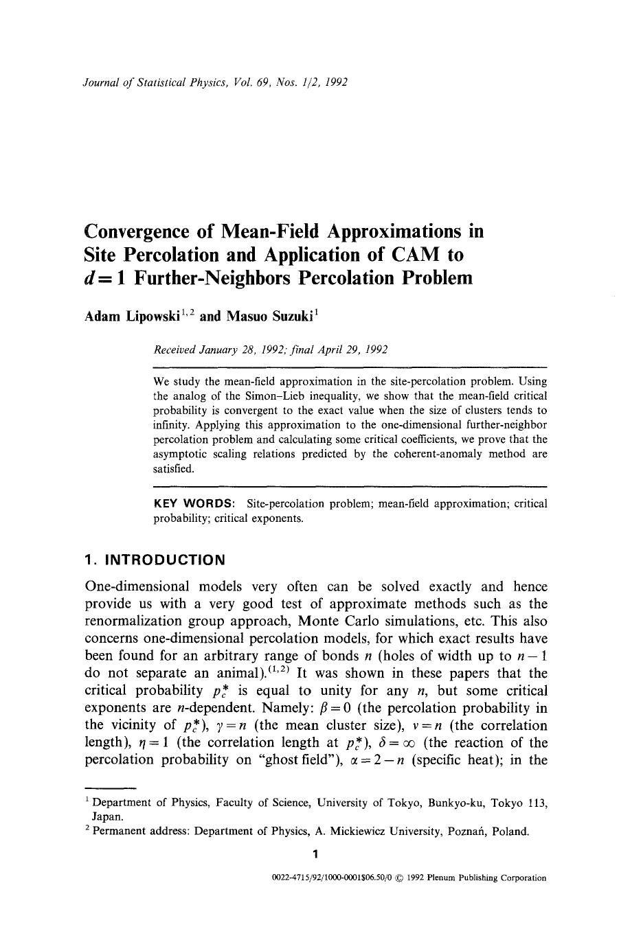 Convergence of mean-field approximations in site percolation and application of CAM to <Emphasis Type="Italic">d <Emphasis>=1 further-neighbors percolation problem by Unknown