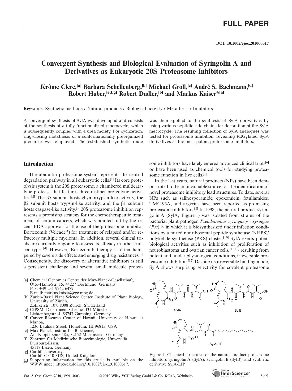Convergent Synthesis and Biological Evaluation of Syringolin A and Derivatives as Eukaryotic 20S Proteasome Inhibitors by Unknown
