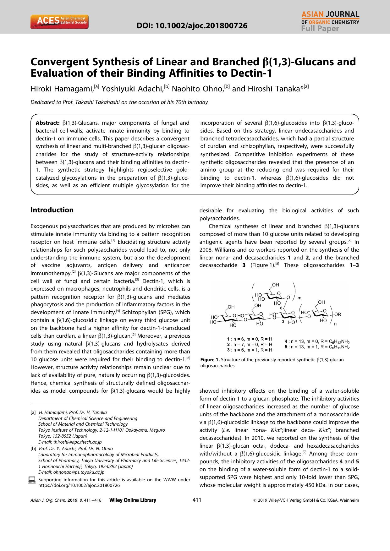 Convergent Synthesis of Linear and Branched Î²(1,3)âGlucans and Evaluation of their Binding Affinities to Dectinâ1 by Unknown