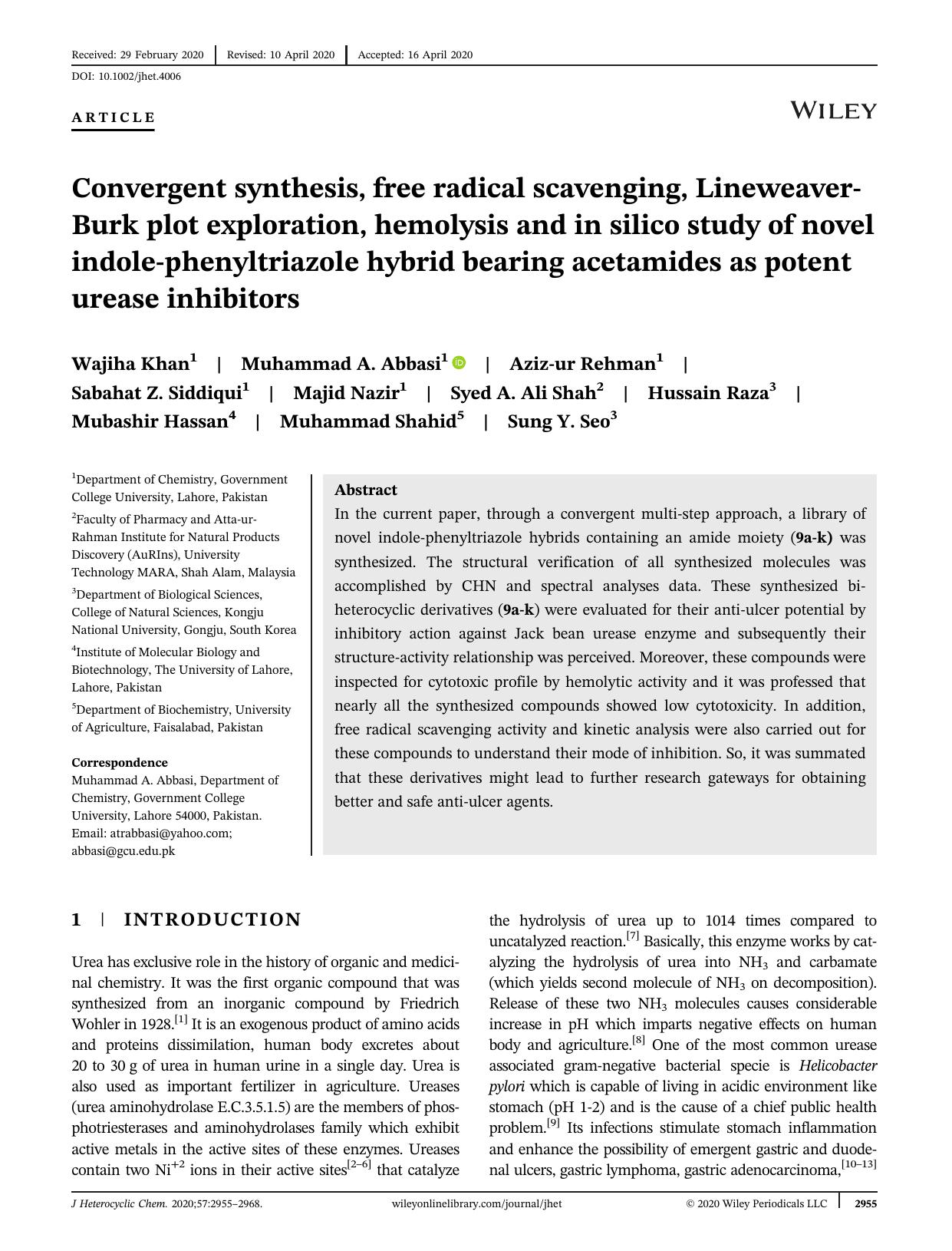Convergent Synthesis, Free-Radical Scavenging, Lineweaver-Burk Plot Exploration, Hemolysis And In Silico Study Of Novel Indole-Phenyltriazole Hybrid Bearing Acetamides As Potent Urease Inhibitors by Unknown