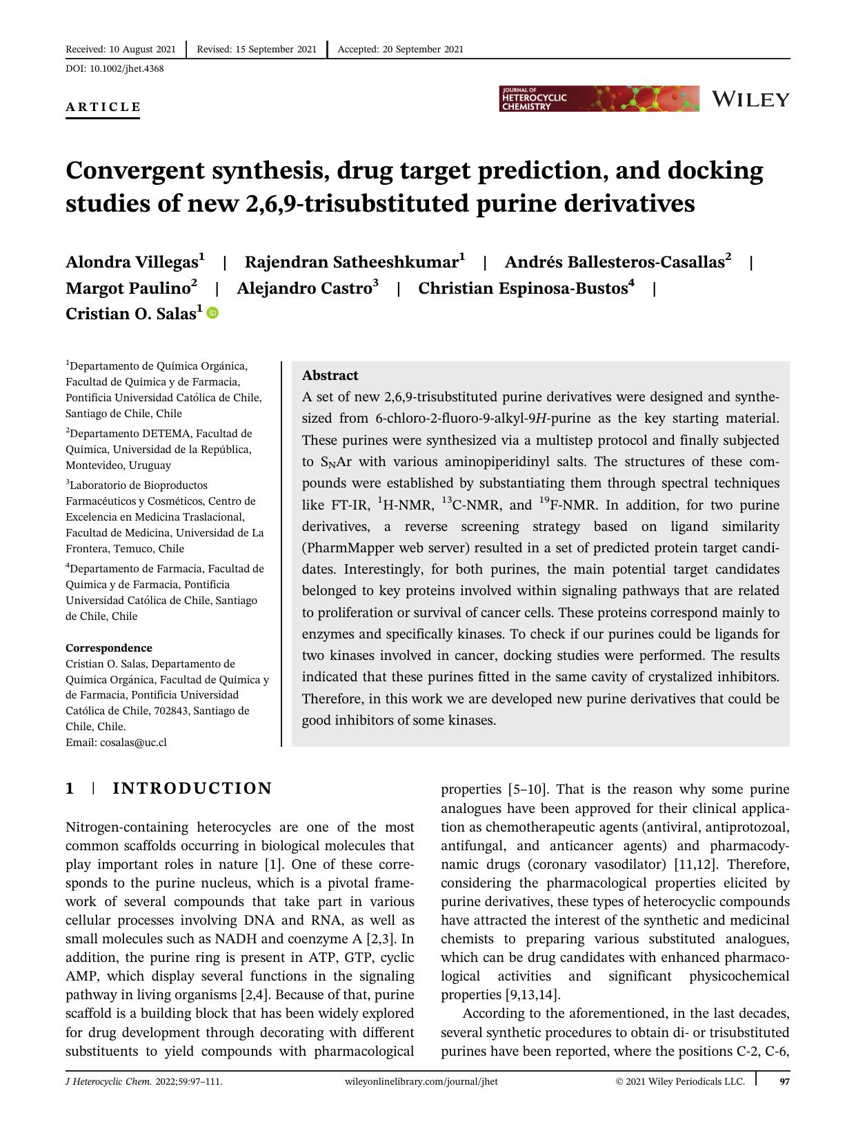 Convergent synthesis, drug target prediction and docking studies of new 2,6,9-trisubstituted purine derivatives by Unknown