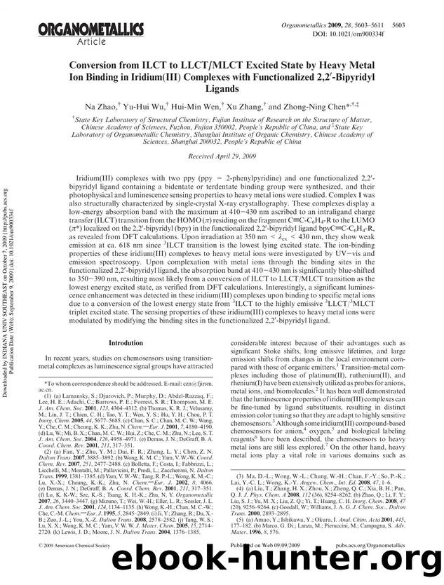 Conversion from ILCT to LLCTMLCT Excited State by Heavy Metal Ion Binding in Iridium(III) Complexes with Functionalized 2,2â²-Bipyridyl Ligands by Na Zhao† Yu-Hui Wu† Hui-Min Wen† Xu Zhang† & Zhong-Ning Chen*†‡
