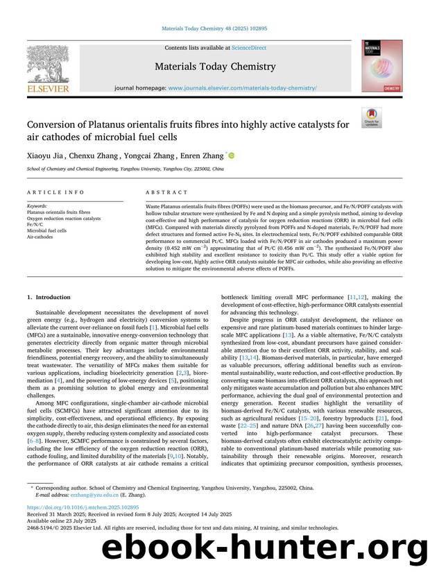 Conversion of Platanus orientalis fruits fibres into highly active catalysts for air cathodes of microbial fuel cells by Xiaoyu Jia & Chenxu Zhang & Yongcai Zhang & Enren Zhang