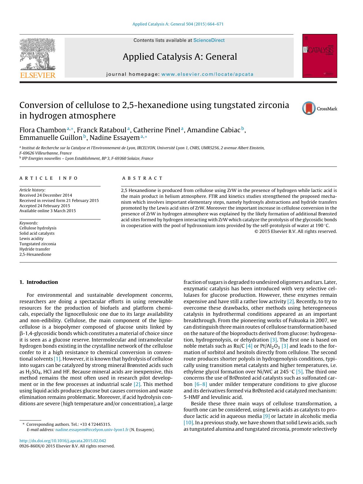 Conversion of cellulose to 2,5-hexanedione using tungstated zirconia in hydrogen atmosphere by unknow