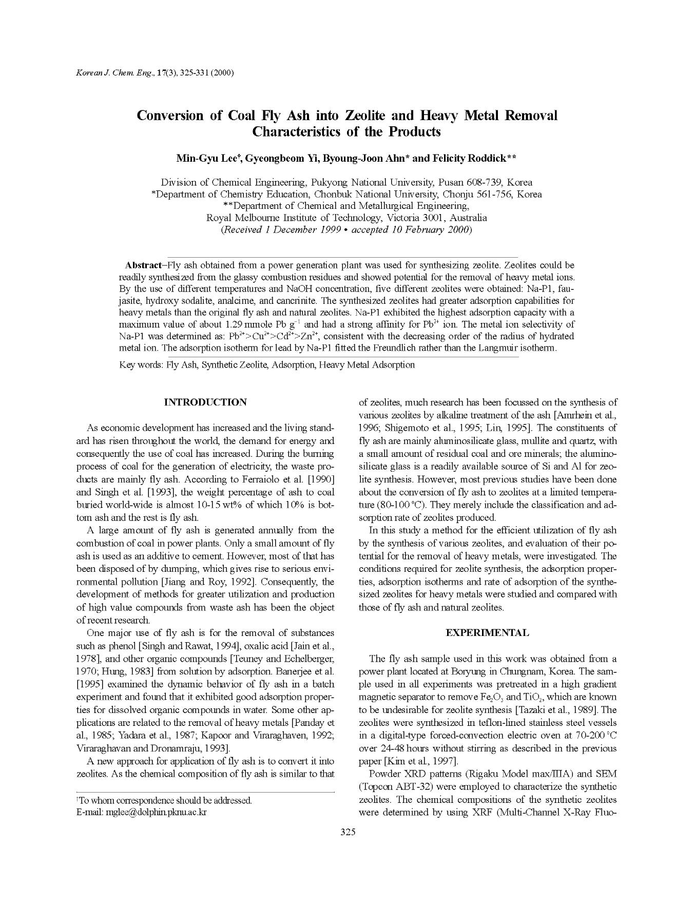 Conversion of coal fly ash into zeolite and heavy metal removal characteristics of the products by Unknown